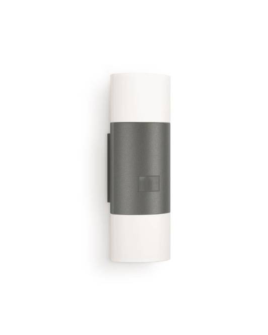 Ein modernes zylindrisches Wandlicht mit einer dunkelgrauen zentralen Halterung, das sowohl für Auf- als auch für Abwärtsbeleuchtung ausgelegt ist.