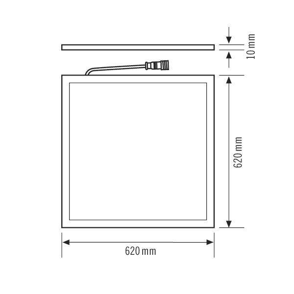Diagramm einer quadratischen Platte mit Abmessungen von 620 mm x 620 mm und einer Dicke von 10 mm. Ein Kabel erstreckt sich von der oberen Kante und zeigt die elektrische Konnektivität an.