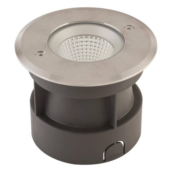 Ein rundes, aus Edelstahl gefertigtes, bündiges LED-Außenleuchten-Einbauelement mit strukturierter Oberfläche für verbesserten Halt, geeignet für die Bodeninstallation.