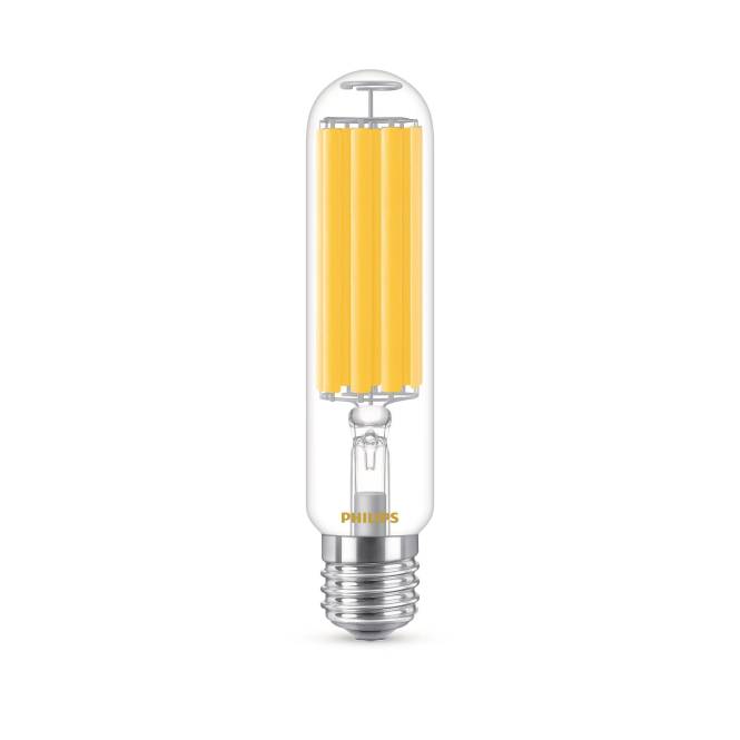 Eine LED-Glühfadenlampe mit transparentem Glaskolben, die vertikale gelbe Glühfäden aufweist und für energieeffiziente Beleuchtung konzipiert ist.