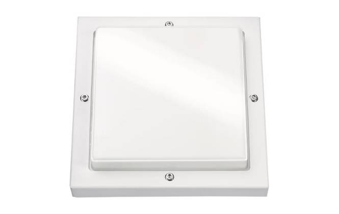 Ein weißes quadratisches LED-Deckenleuchte mit einer flachen, diffusen Oberfläche und vier Eckschrauben, konzipiert für Unterputz-Installationen.