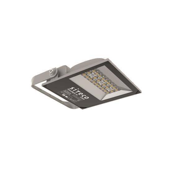 Ein LED-Flutlicht von Siteco mit rechteckiger Form und mehreren kleinen LED-Leuchten, die in einem Rastermuster angeordnet sind.