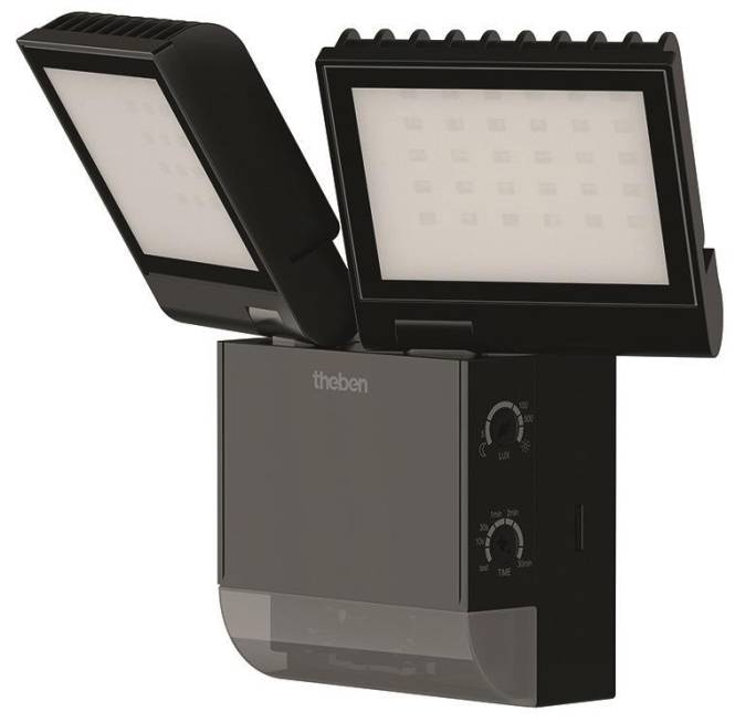 Außenbewegungsmelder-Leuchte mit zwei verstellbaren LED-Paneelen, montiert auf einer schwarzen Basis, mit zwei Regelschaltern für Empfindlichkeit und Betriebsdauer.