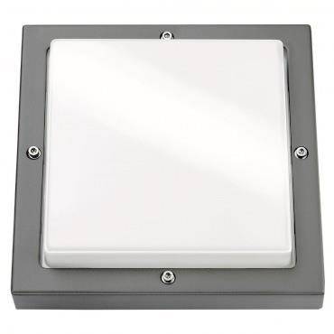 Ein quadratisches, grau gerahmtes, wandmontiertes LED-Leuchtengehäuse mit diffusem weißem Abdeckung, verwendet für Innen- oder Außenbeleuchtung.