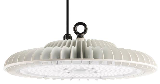 Eine runde industrielle LED-Leuchte mit geripptem Design hängt von der Decke herab und verfügt über einen schwarzen Montagehaken oben.