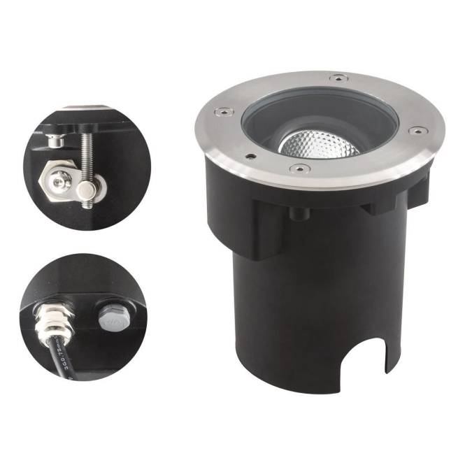 „Rundes LED-Einbauleuchten-Gehäuse mit Edelstahlblende, Nahaufnahme der Steckverbindung und Verdrahtungsdetails für die Installation.