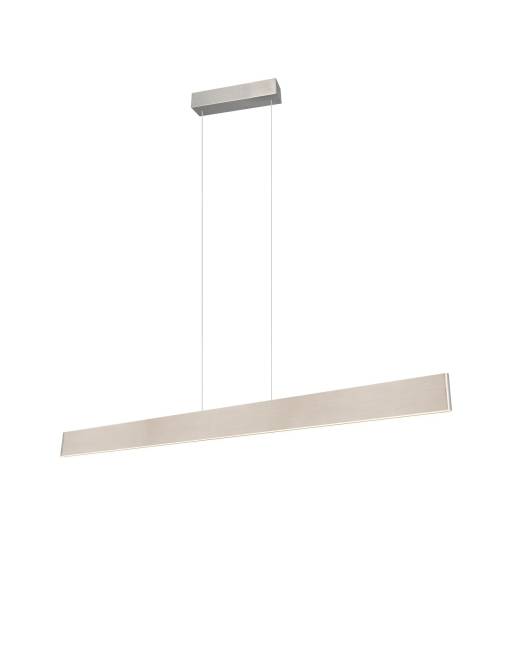 Ein minimalistisches, rechteckiges Pendelleuchten-Leuchtmittel mit einer eleganten Metallausführung, das an dünnen Kabeln von einer rechteckigen Deckenbefestigung aufgehängt ist.