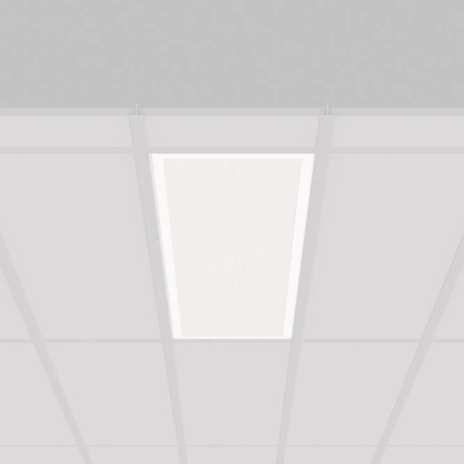 Eine weiße Leuchtstoffdeckenleuchte, die in ein graugestuftes Abhängedeckenpanel eingebaut ist und Beleuchtung in einem Raum bietet.