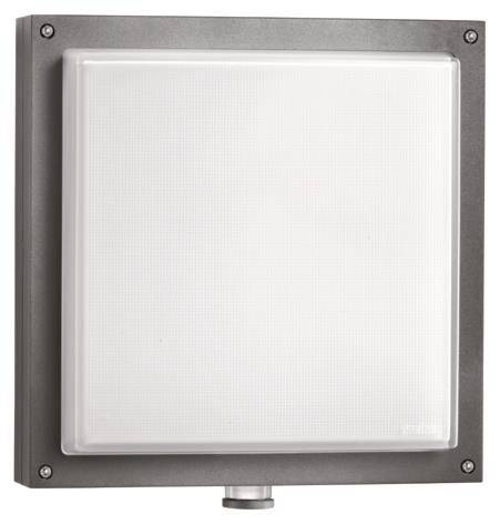 Quadratische LED-Wandleuchte mit mattiertem Abdeckung und metallischem Rahmen, geeignet für den Innen- oder Außenbereich.