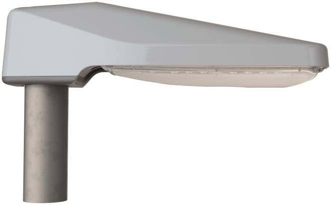 Eine moderne Straßenleuchte mit schlankem, kantigem Design, die an einem senkrechten Mast befestigt ist und sich für urbane Beleuchtungsumgebungen eignet.