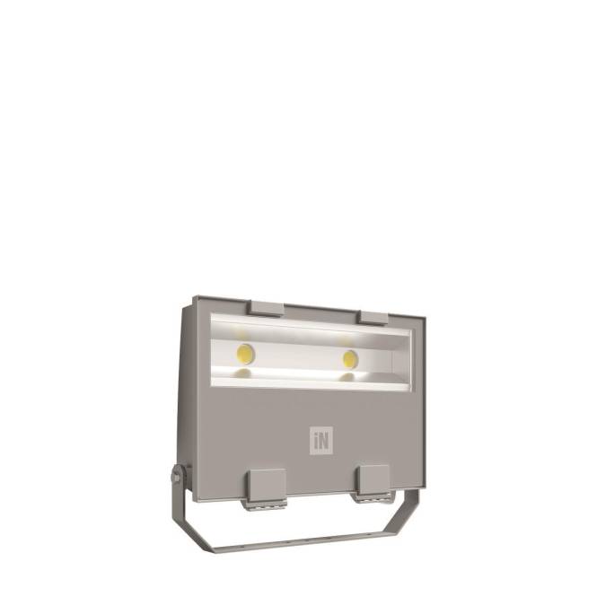 Ein rechteckiges graues Flutlicht mit zwei sichtbaren LED-Leuchten und einer Montageklammer, konzipiert für den Außeneinsatz.