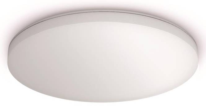 Ein weiße, runde, deckengestützte LED-Leuchte mit schlichtem, modernem Design, die Umgebungslicht für Innenräume bietet.