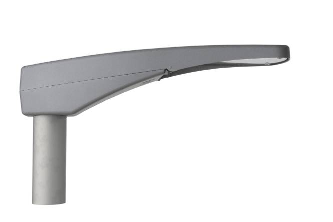 Eine elegante, moderne Straßenlaterne mit geschwungenem Design und flachem LED-Panel, montiert auf einem kurzen Mast, konzipiert für die urbane Beleuchtung.