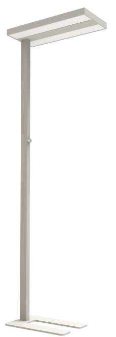 Eine vertikale graue Struktur mit einem kleinen vorstehenden Element an der Seite, vor einem einfachen weißen Hintergrund.