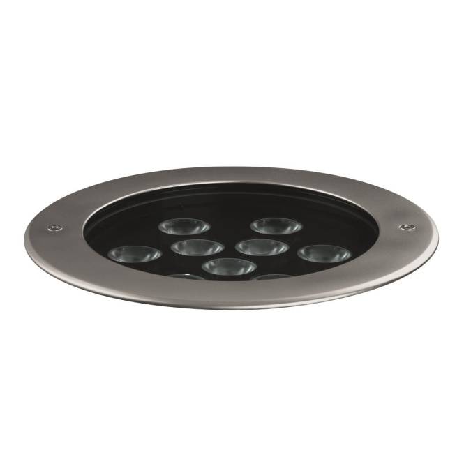 Eine elegante, runde LED-Leuchte mit acht kleinen Leuchten im Inneren, featuring einem Metallrahmen, entworfen für moderne Innenräume.