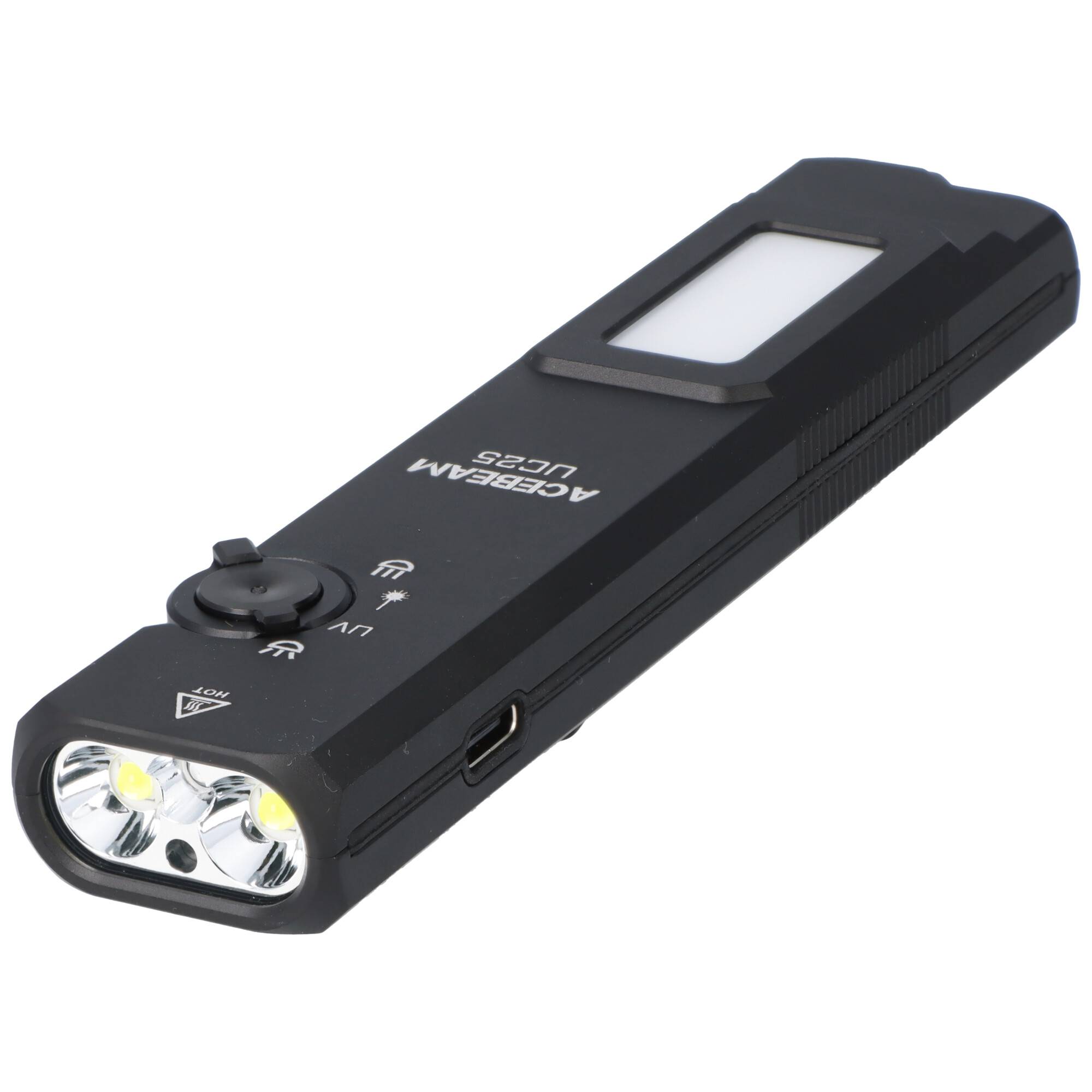 Eine schwarze LED-Taschenlampe mit USB-Ladeanschluss und UV-Licht-Funktion, beschriftet mit 