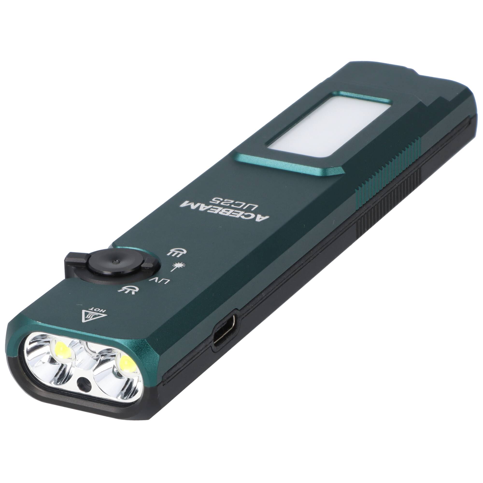 Ein tragbares, tragbares Gerät mit zwei LED-Leuchten, mit der Bezeichnung „UV-CBEBAN