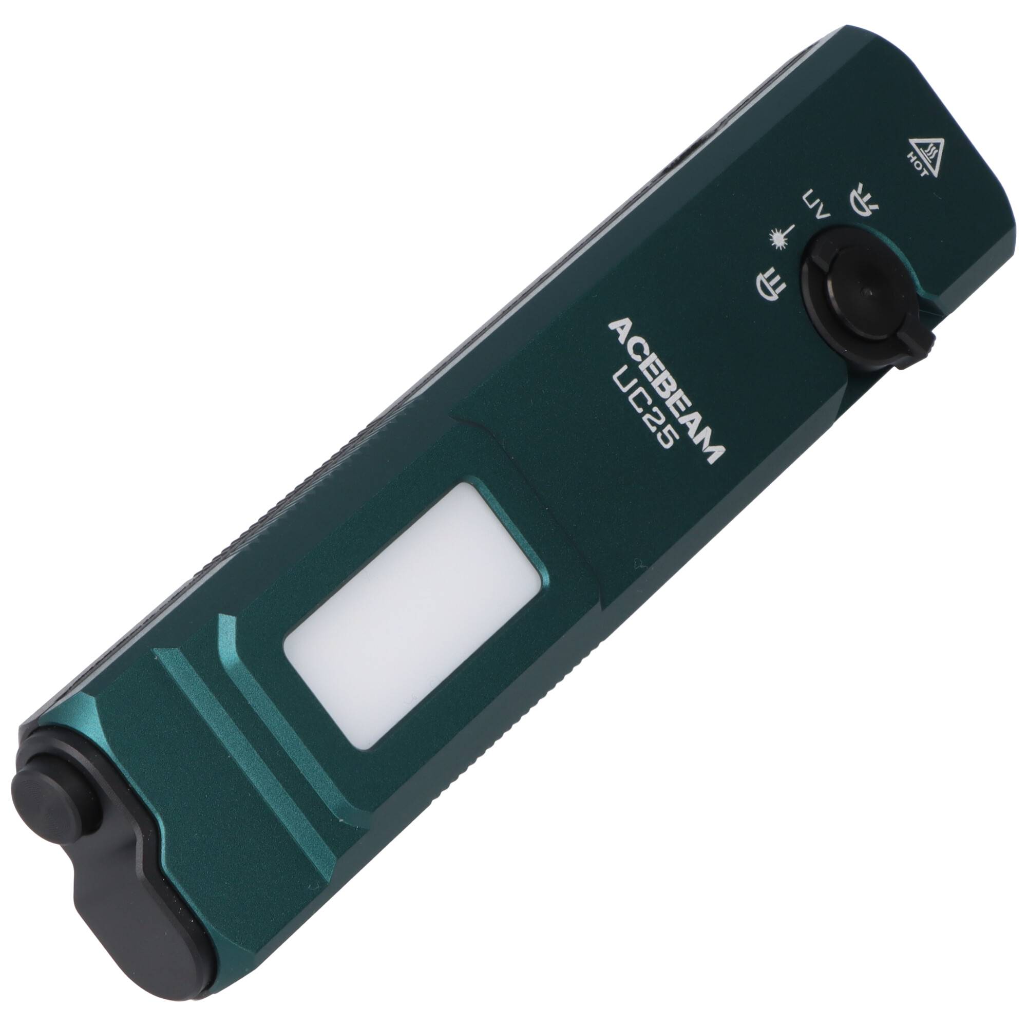 Eine blaugrün gefärbte tragbare Taschenlampe mit der Bezeichnung „Acebeam UC25