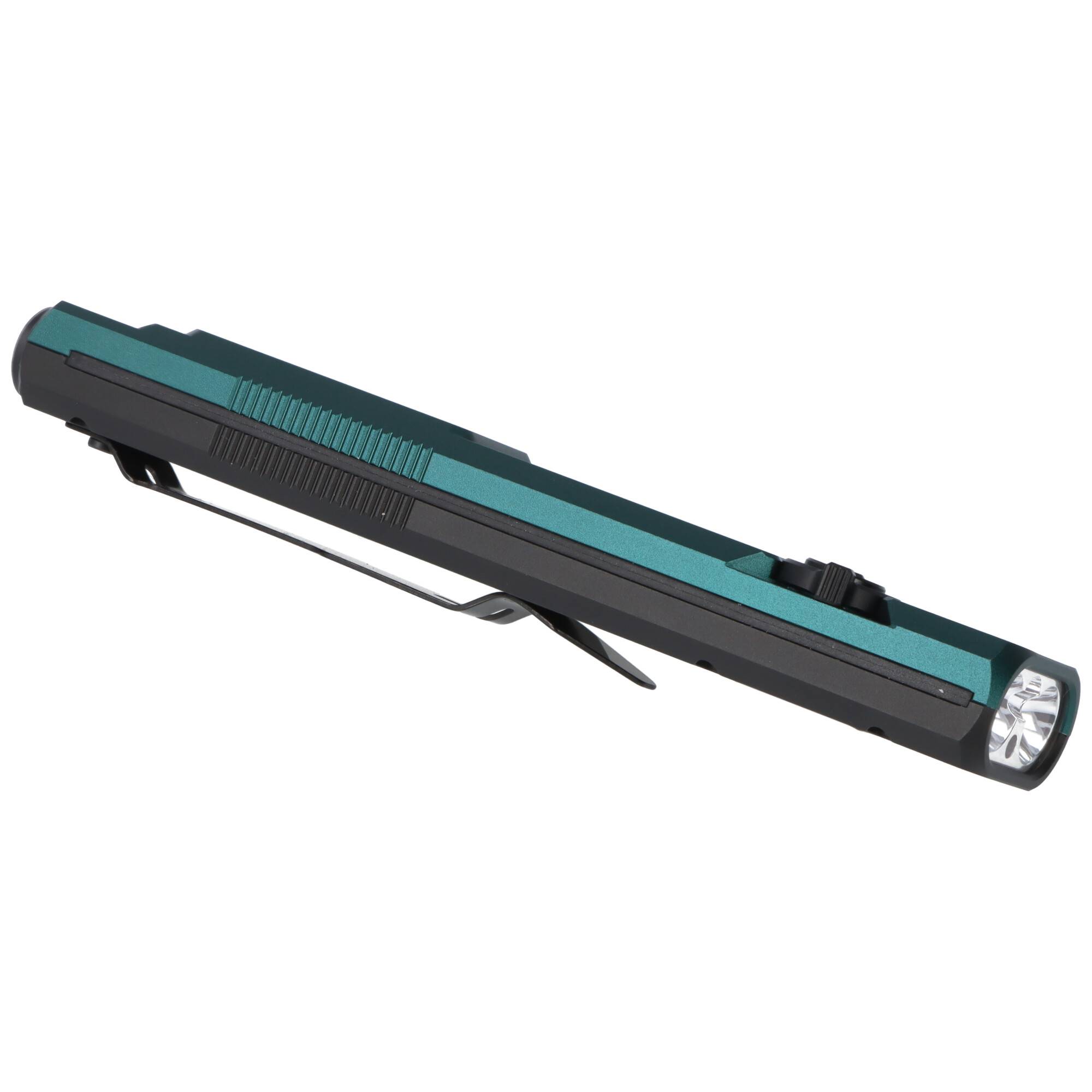 Eine schlanke, blaugrüne LED-Taschenlampe mit Clip und schwarzem Seitenschalter zum einfachen Tragen und Bedienen.
