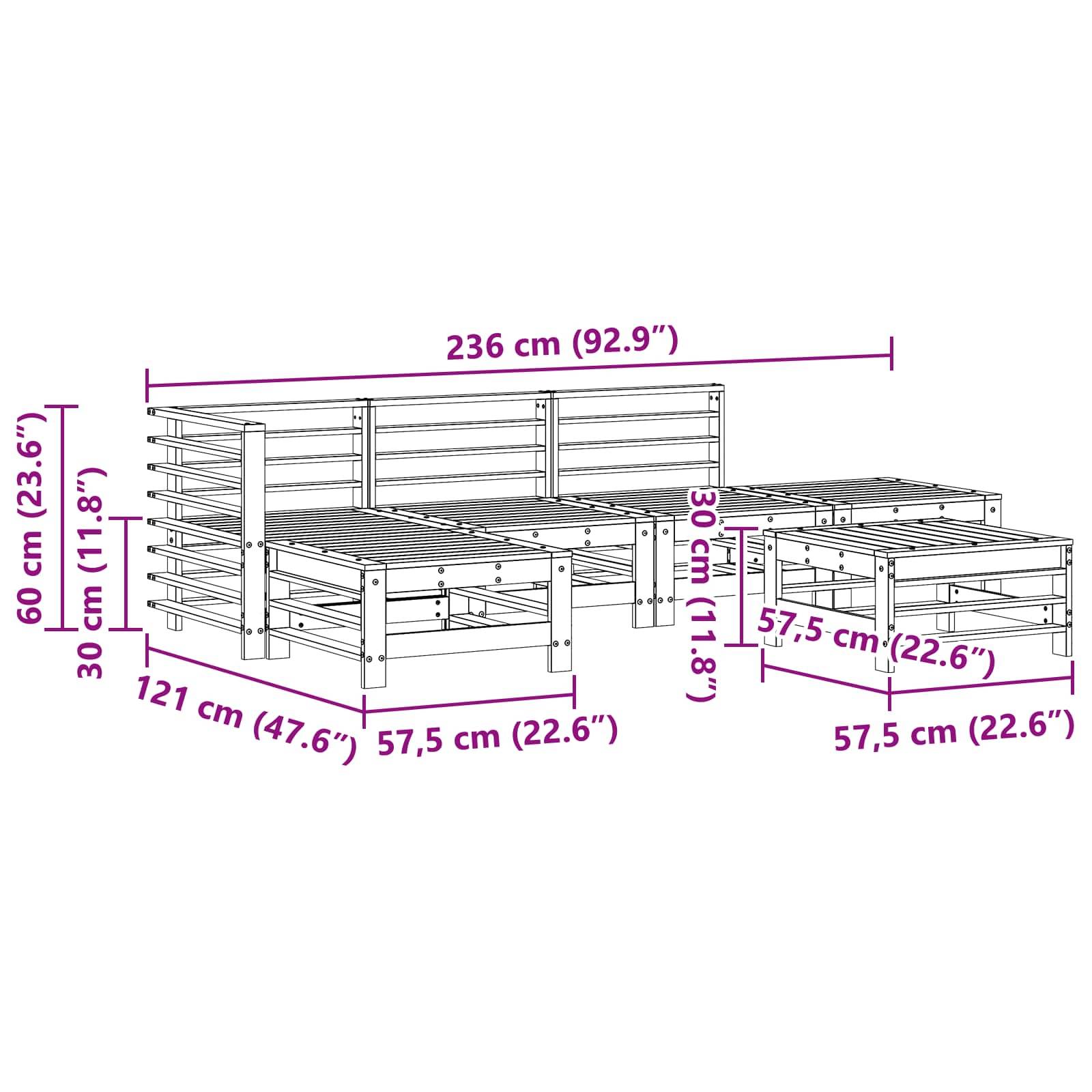 Terrassenmöbel-Layout mit Abmessungen: 236 cm (92,9