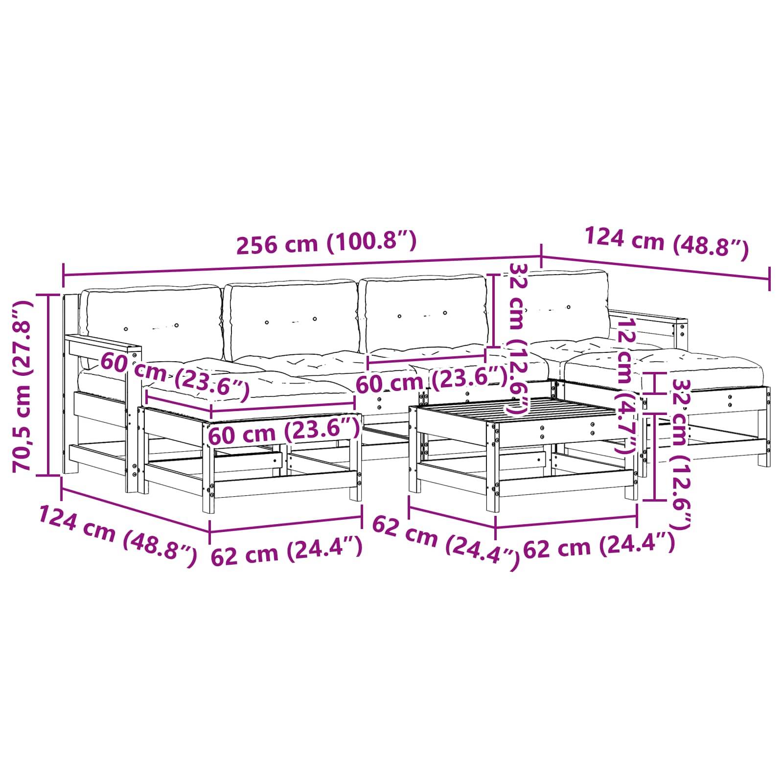 „Abbildung eines Eckschlafsofas mit Maßen: Gesamtbreite 256 cm, Gesamttiefe 124 cm, Sitzhöhe 32 cm; mit beschrifteten Teilen.