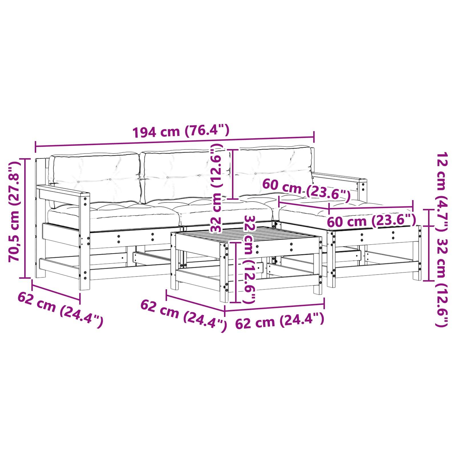 Ein Diagramm einer Sofagarnitur mit detaillierten Abmessungen in Zentimetern und Zoll. Enthält Messwerte für Höhe, Breite und Tiefe von Sofa und Tischen.