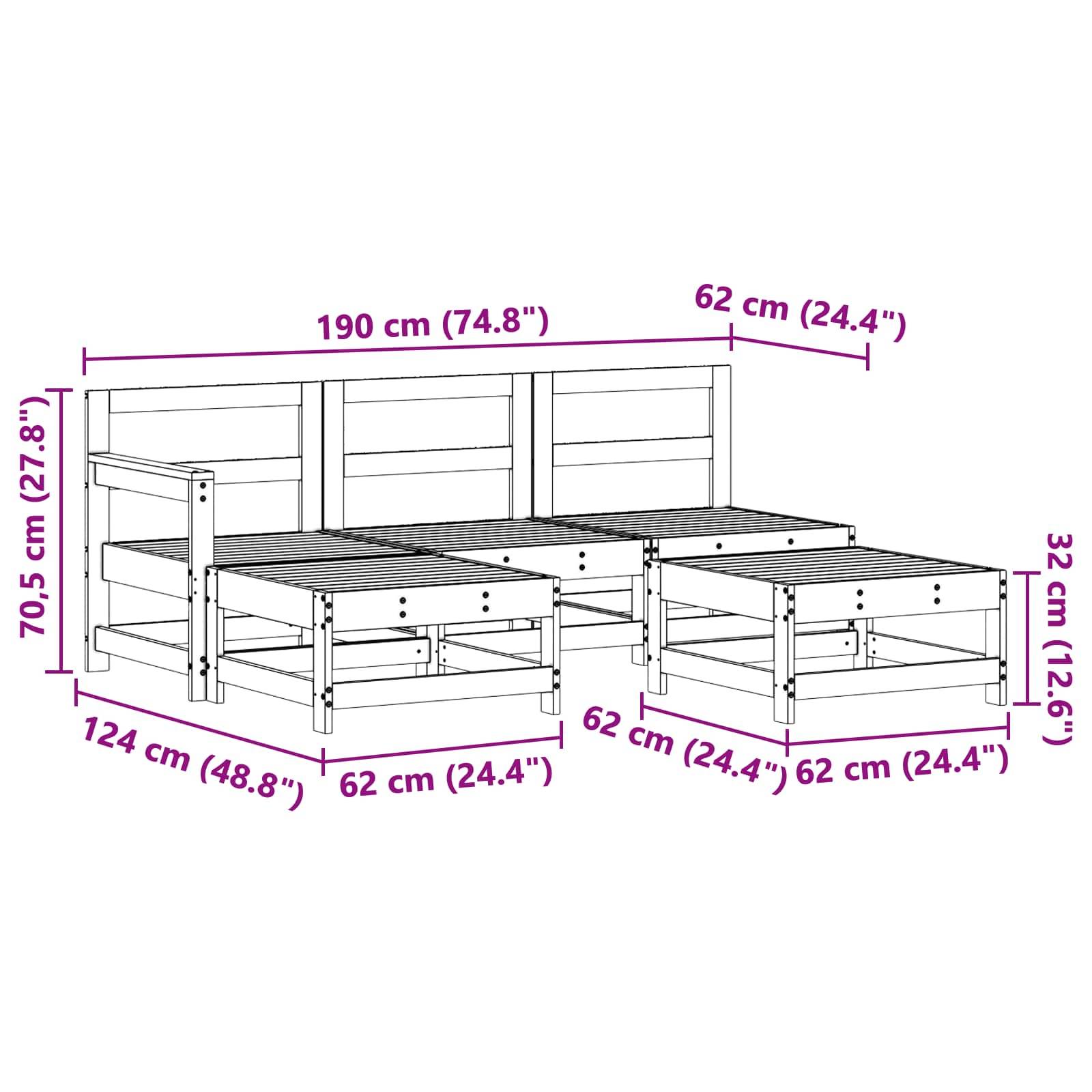 Ein modulares Holzsofa mit Rückenlehne und Sitz mit beschrifteten Maßen in Zentimetern und Zoll, das mögliche Konfigurationen zeigt.