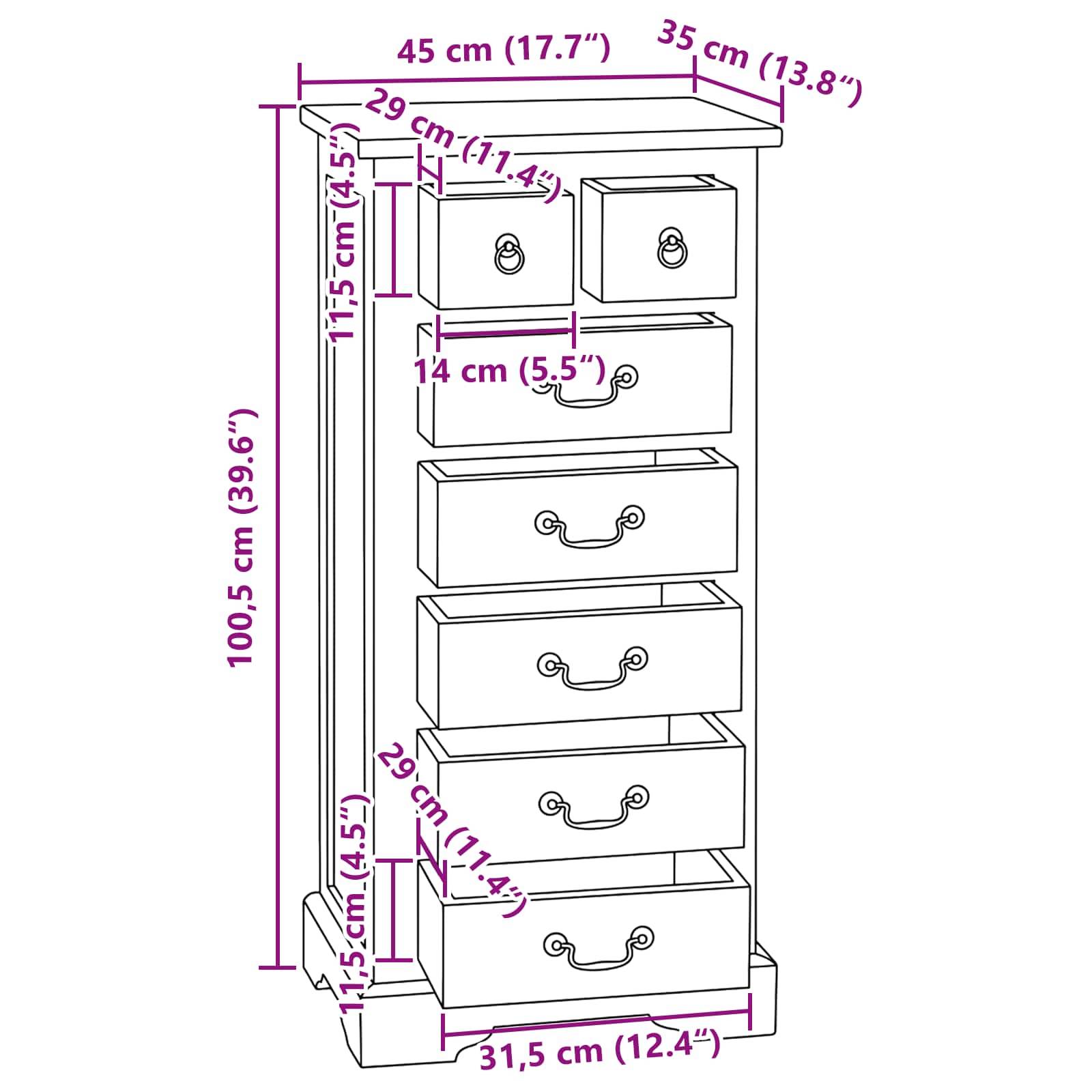 Eine hohe Kommode mit folgenden Abmessungen: Höhe 100,5 cm, Tiefe 31,5 cm, Breite 45 cm. Enthält sechs Schubladen; Abmessungen in Zentimetern angegeben.
