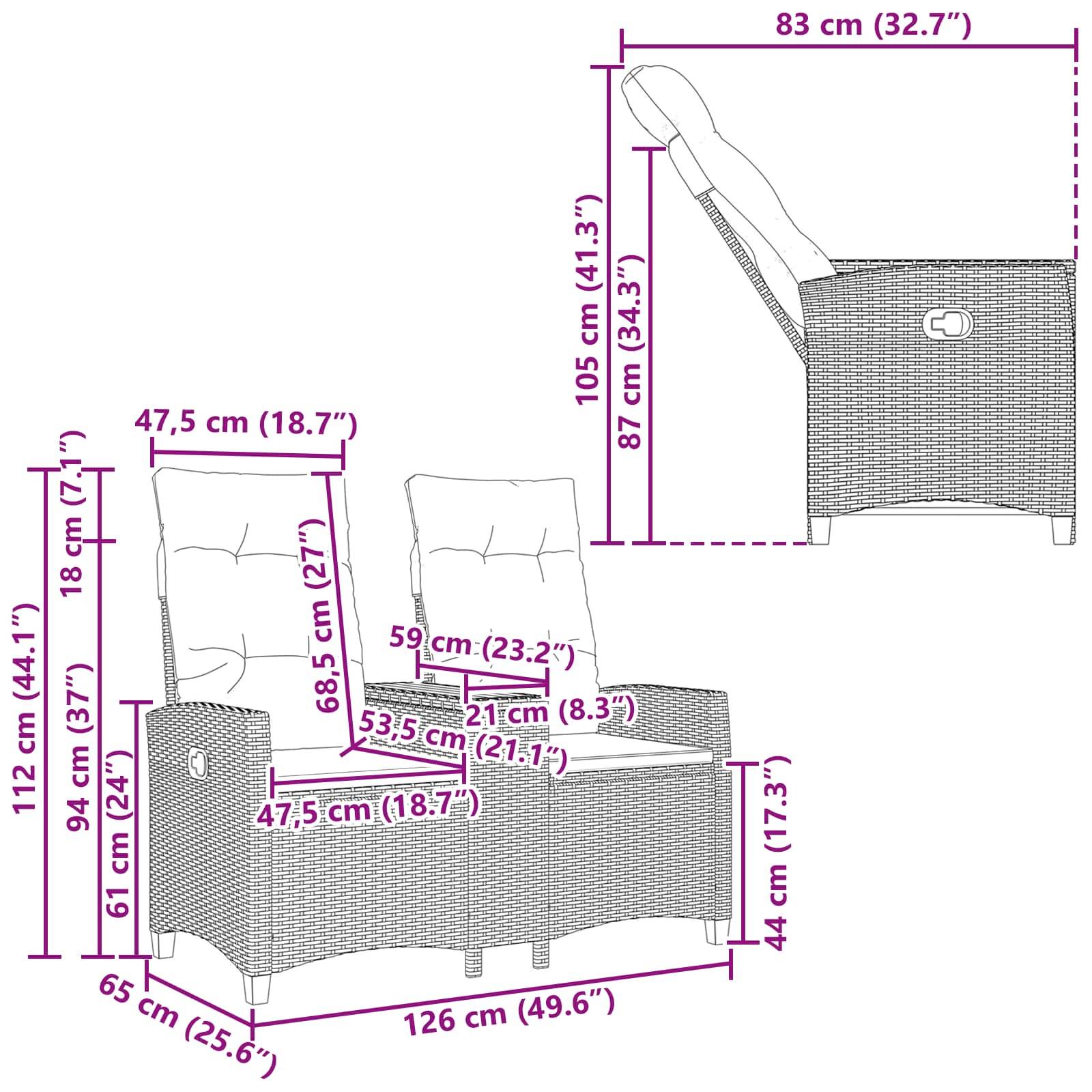 Zweisitzer-Relaxliege mit eingezeichneten Abmessungen: Breite 126 cm, Höhe 112 cm, Tiefe 65 cm. Sessel lässt sich auf 105 cm Höhe zurücklehnen, Sitzfläche 87 cm tief.