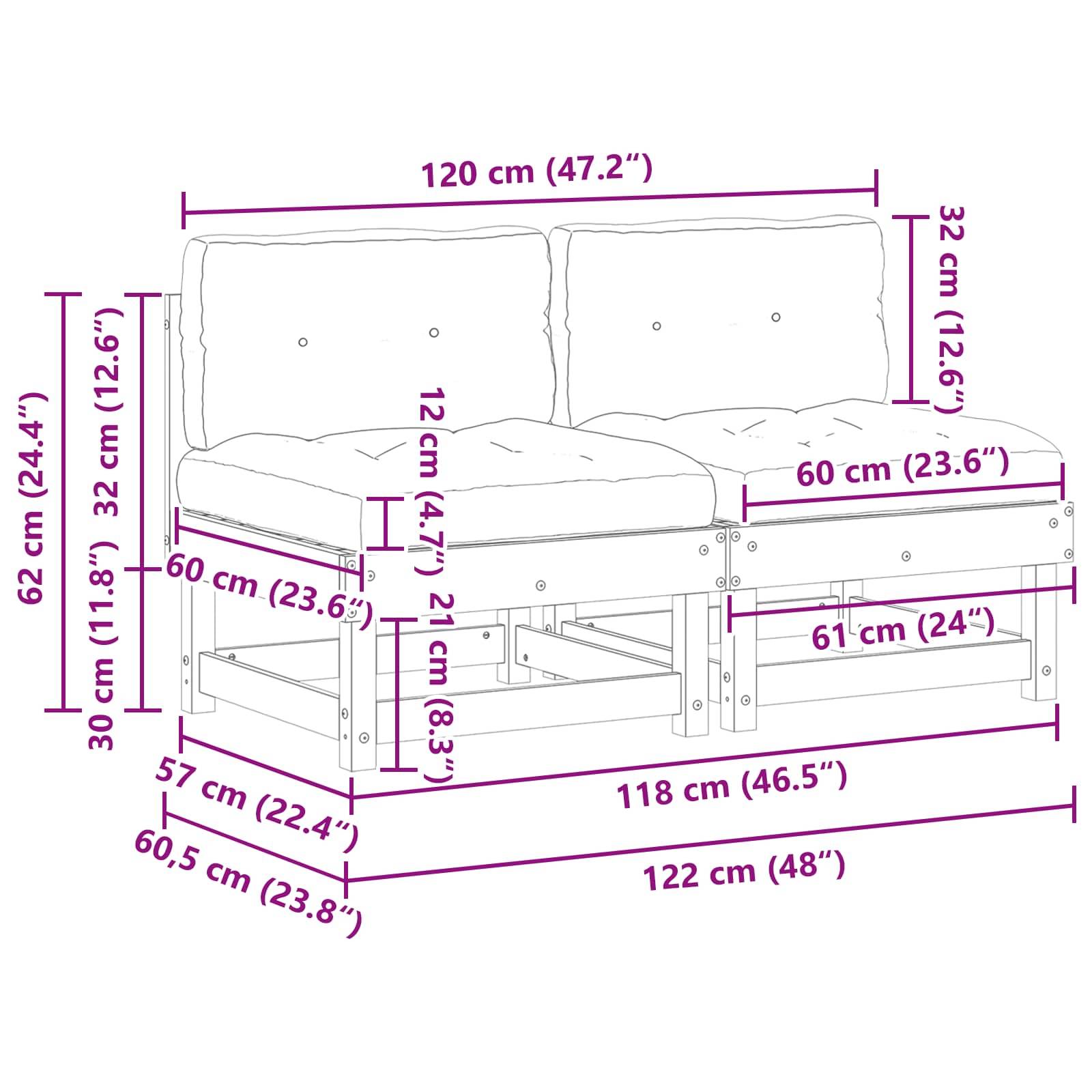 Illustration der Sofadimensionen mit Maßangaben in Zentimetern und Zoll. Wichtige Teile wie Sitzhöhe, Tiefe und Breite sind beschriftet.