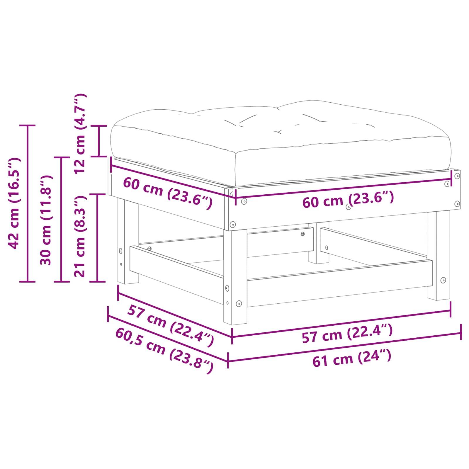 Ein illustriertes Ottomane mit beschrifteten Abmessungen: Höhe 42 cm, Breite 60 cm, Tiefe 60 cm; Kissenhöhe 12 cm; Sockelhöhe 30 cm.