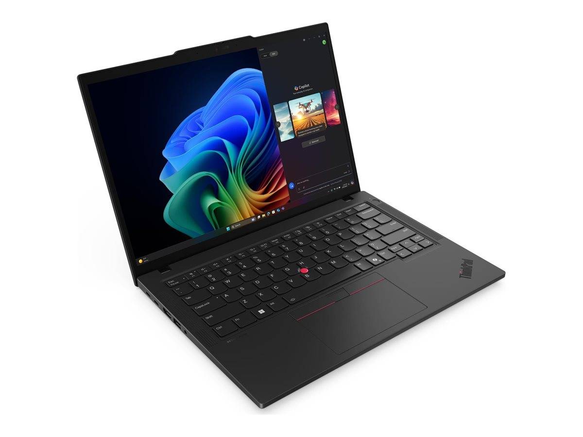 Ein schwarzer Laptop mit einem farbenfrohen abstrakten Hintergrundbild auf dem Bildschirm und einer geöffneten Anwendung, die mehrere Fotos auf der Seite anzeigt.