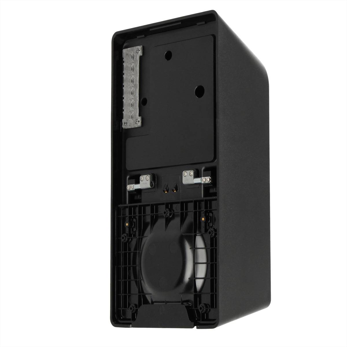 Ein schwarzes, rechteckiges elektronisches Gerätgehäuse mit offener Rückseite, das interne Komponenten und Befestigungslöcher zeigt, aus einer Schrägansicht betrachtet.
