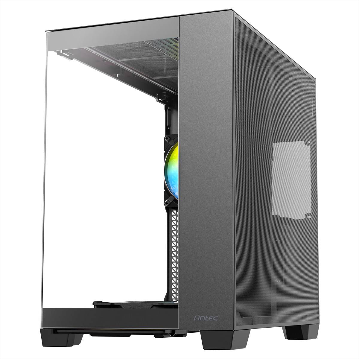 Ein schlankes, modernes Computergehäuse mit einem transparenten Seitenpanel, das farbenfrohe interne Beleuchtung und Komponenten enthüllt.