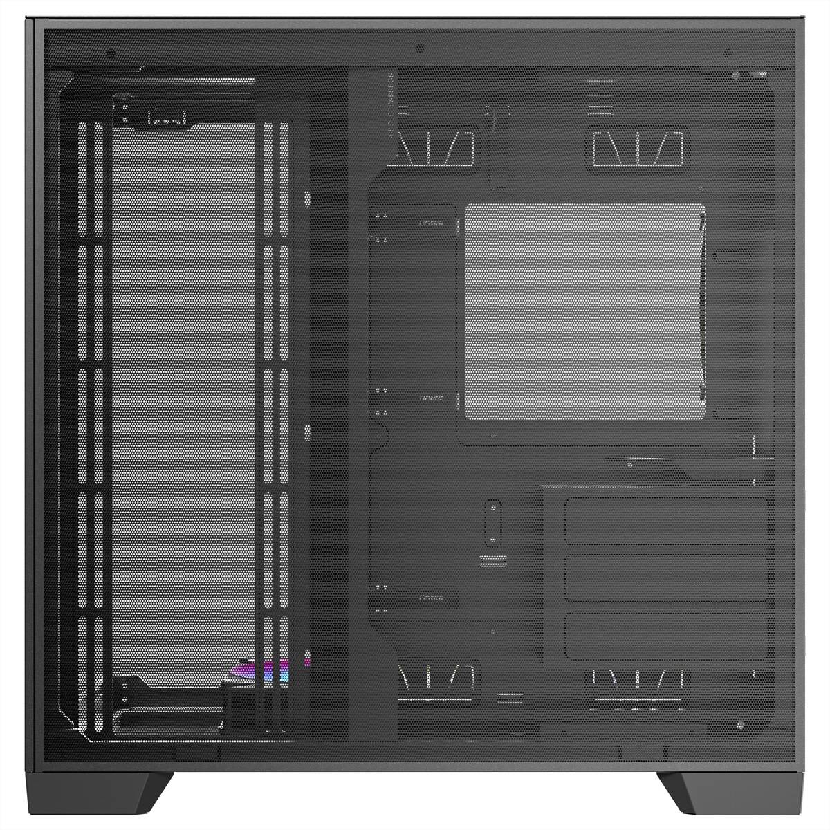 Elegantes schwarzes Computergehäuse mit transparentem Seitenpanel, das das innere Layout für Komponenten wie Motherboard, Netzteil und Kühlung zeigt.
