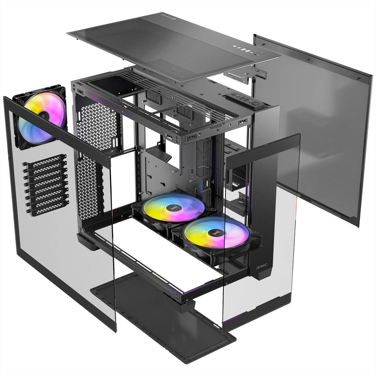 Explosionszeichnung eines PC-Gehäuses mit internen Komponenten, zwei RGB-Lüftern, transparenten Seitenpaneelen und offener Struktur für die Montage.