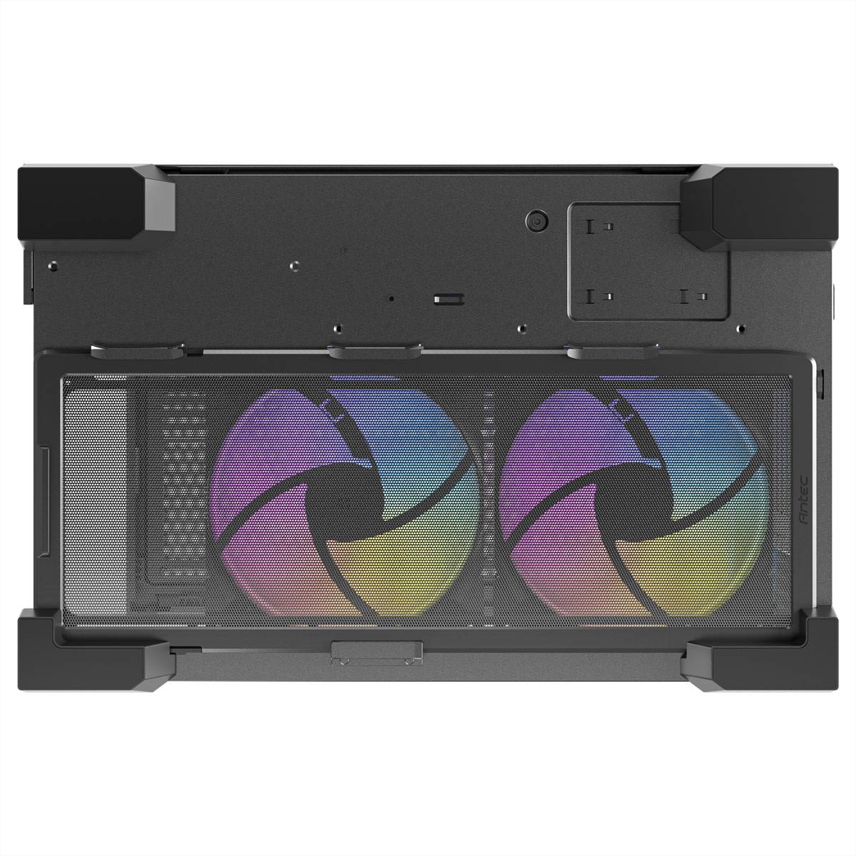 Das Bild zeigt ein Computergehäuse von unten betrachtet, mit zwei RGB-Lüftern mit sichtbaren Farbübergängen, die Kühlung für die Komponenten bieten.