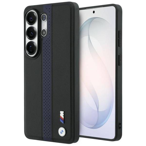 Schwarze Smartphone-Hülle mit drei hinteren Kameraausschnitten und BMW-Logo, designed für ein Modell mit Punch-Hole-Frontkamera-Display.