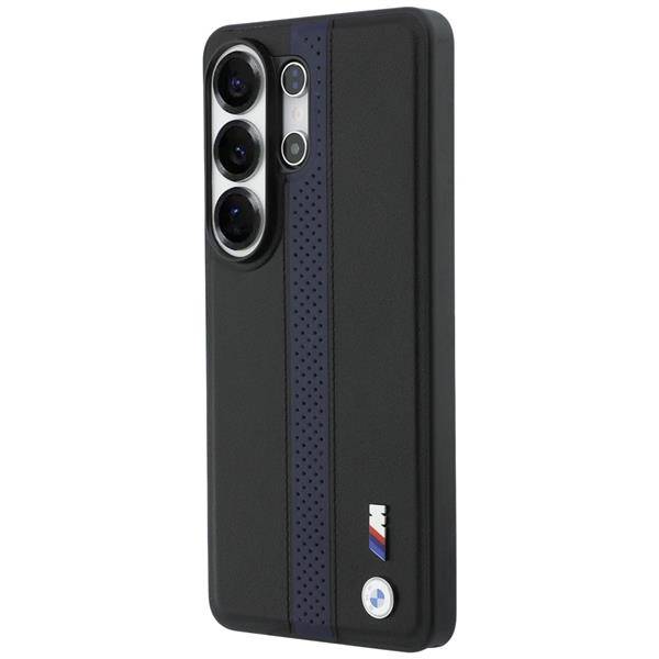 Eine Smartphone-Schutzhülle mit vertikalen schwarzen und dunkelblauen Streifen, einem dreifachen Kamera-Ausschnitt und einem kleinen Logo am unteren Ende.