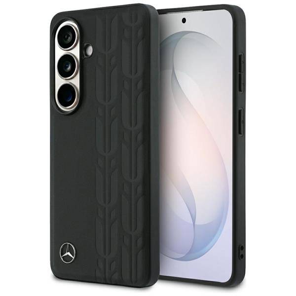 Ein Smartphone mit schwarzem Gehäuse, das ein strukturiertes Muster und ein Logo in der Ecke aufweist, wodurch Langlebigkeit und Stil betont werden.