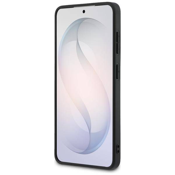 Ein Smartphone mit schwarzem Schutzgehäuse, das ein abstraktes Bildschirmdesign anzeigt.