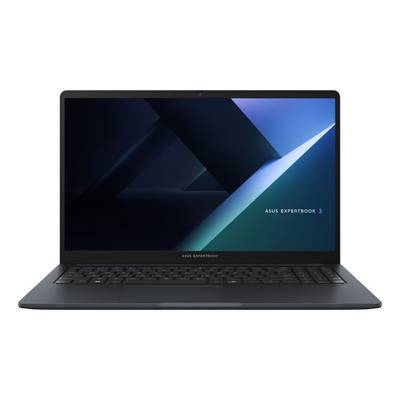 Ein schlanker schwarzer Laptop mit einem dünnen Rand und einem Bildschirm, auf dem eine geometrische blaue Grafik mit dem Text „ASUS ExpertBook