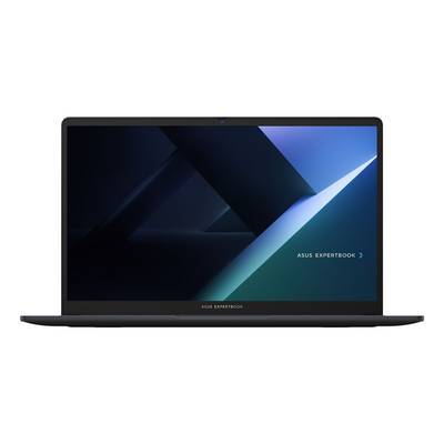 Ein Laptop mit einem schmalen Rand-Display zeigt einen dunklen geometrischen Hintergrund. Der Text auf dem Bildschirm lautet „ASUS ExpertBook