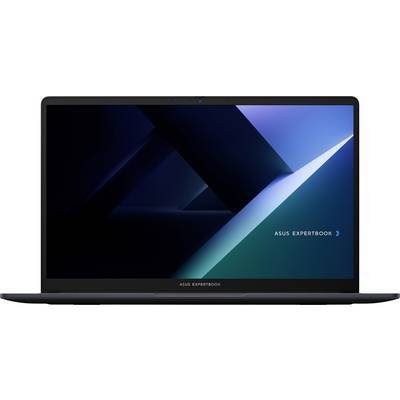 Ein eleganter ASUS-Laptop mit schwarzer Oberfläche, geöffnet und zeigt einen dunkel gestalteten Bildschirm mit dem sichtbaren Text 