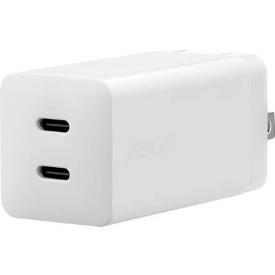 Ein weißes USB-C-Doppelport-Ladegerät mit kompaktem Design, ideal zum effizienten Laden von elektronischen Geräten.