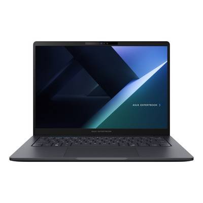 Ein schlanker schwarzer Laptop, geöffnet, zeigt ein abstraktes blaues und grünes geometrisches Design auf dem Bildschirm.