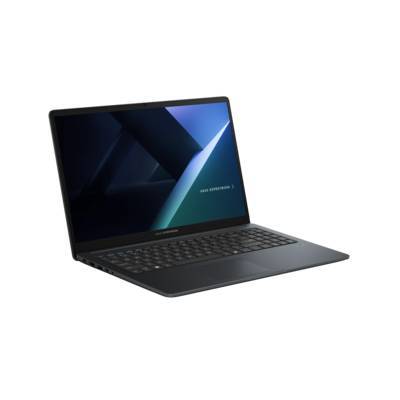 Ein schlanker, schwarzer Laptop mit leuchtenden Bildschirm, auf dem subtile blaue Grafiken angezeigt werden, leicht nach rechts geneigt, wodurch sein dünnes Design zur Geltung kommt.