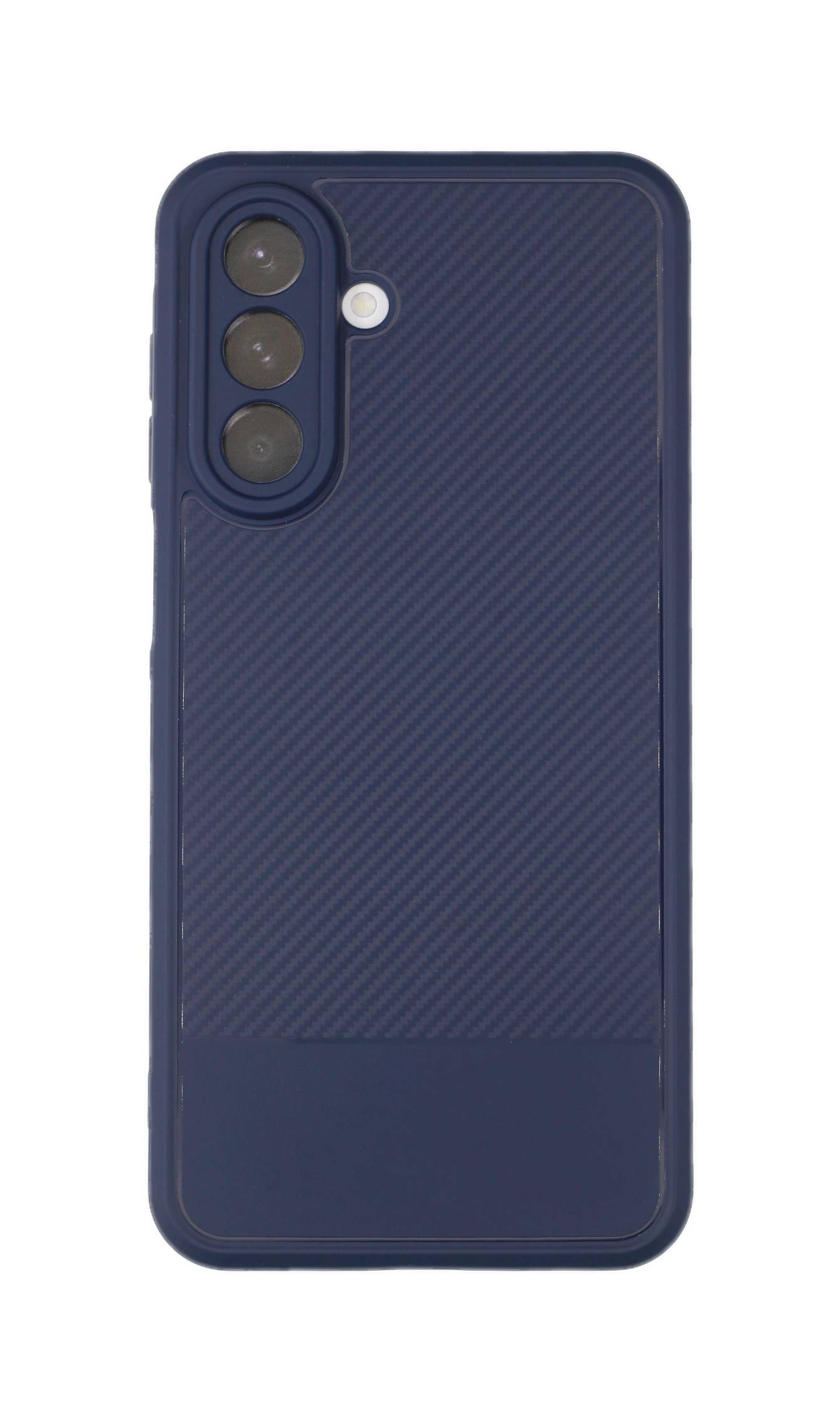 Ein Smartphone mit einer blauen strukturierten Schutzhülle, das drei Kameraobjektive und einen Blitz auf der Rückseite aufweist.