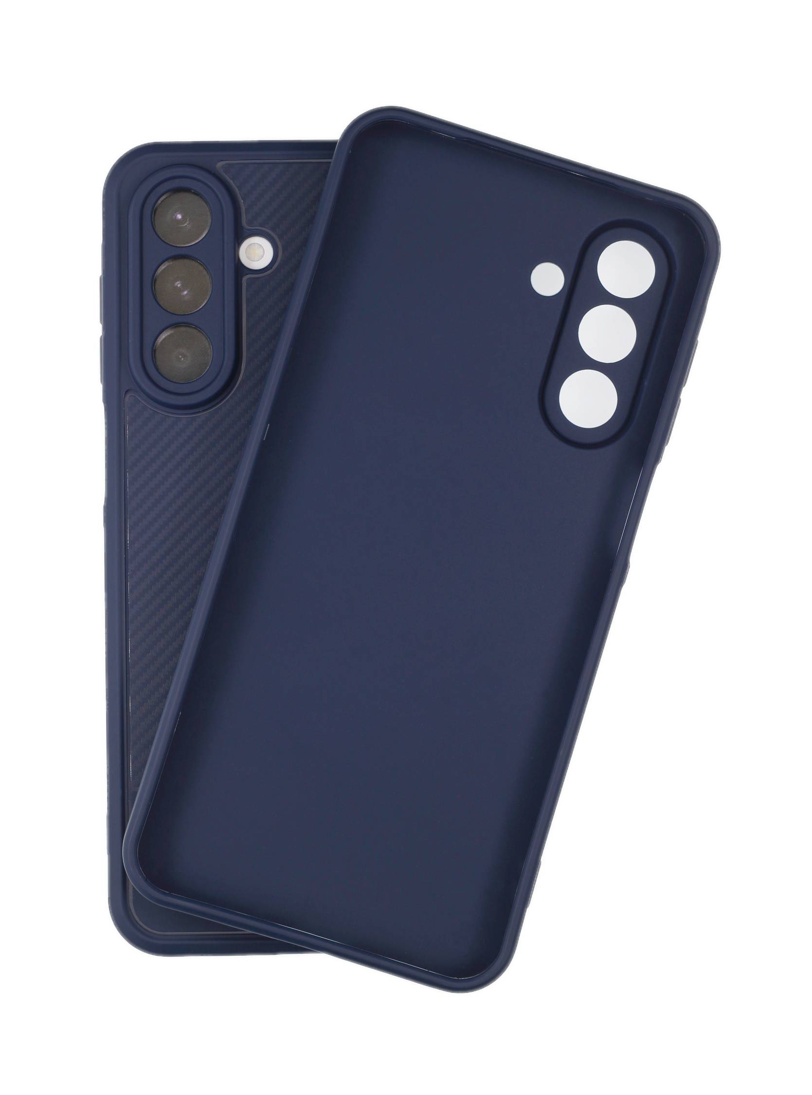 Zwei blaue Handyhüllen, eine mit strukturierter Rückseite und drei Kameraausschnitten, nebeneinander auf weißem Hintergrund angeordnet.