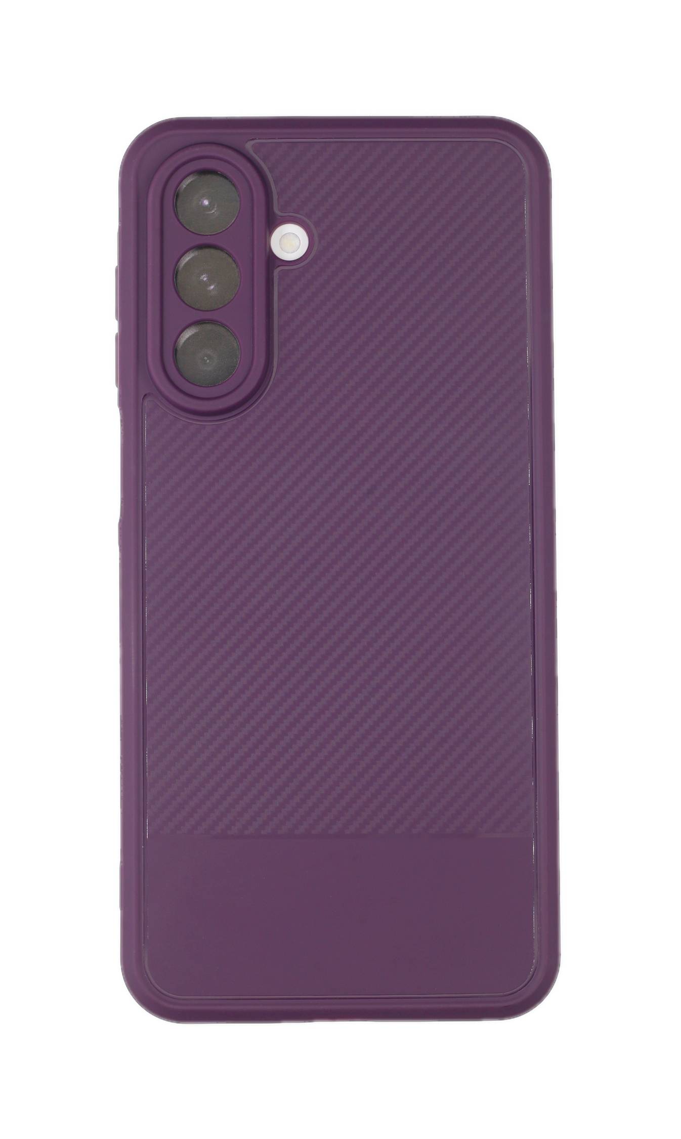 Ein violettes Handyhülle mit strukturiertem Muster, mit Ausschnitten für duale Kameraobjektive und einen Blitz, die Schutz und Stil bietet.